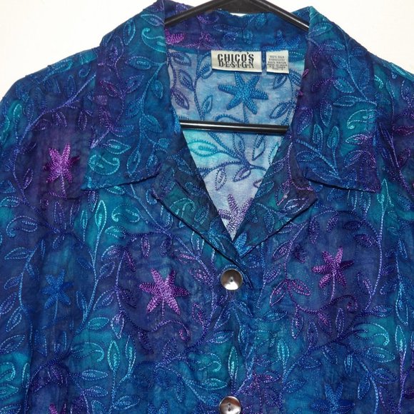 Chicos Design 100% Silk Embroidered Sheer Top / Jacket Sz 3 - Picture 2 of 7